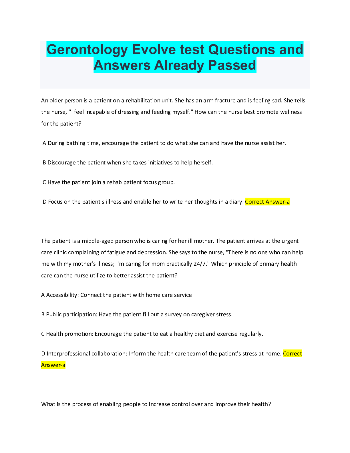 Preview image for Gerontology Evolve test Questions and Answers Already Passed